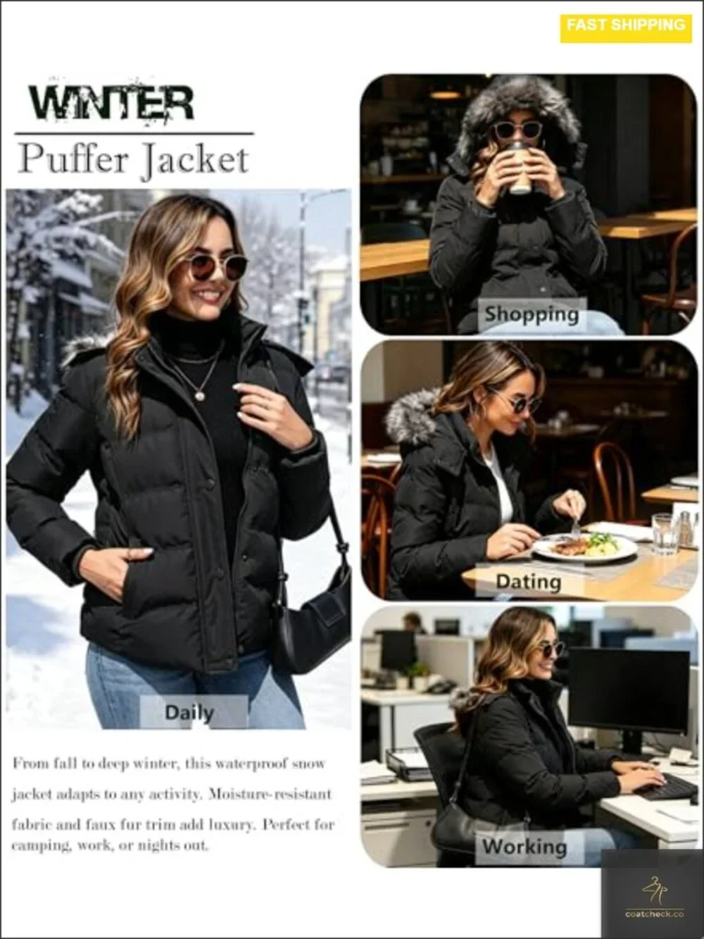Women's Quilted Puffer Jacket Winter Coat with Removable Faux Fur Hood,